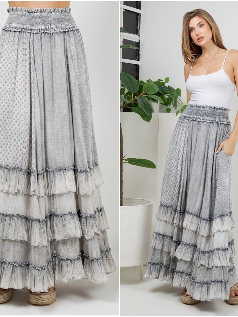 Young Threads Grey Layered Tiered Ruffle Maxi Skirt